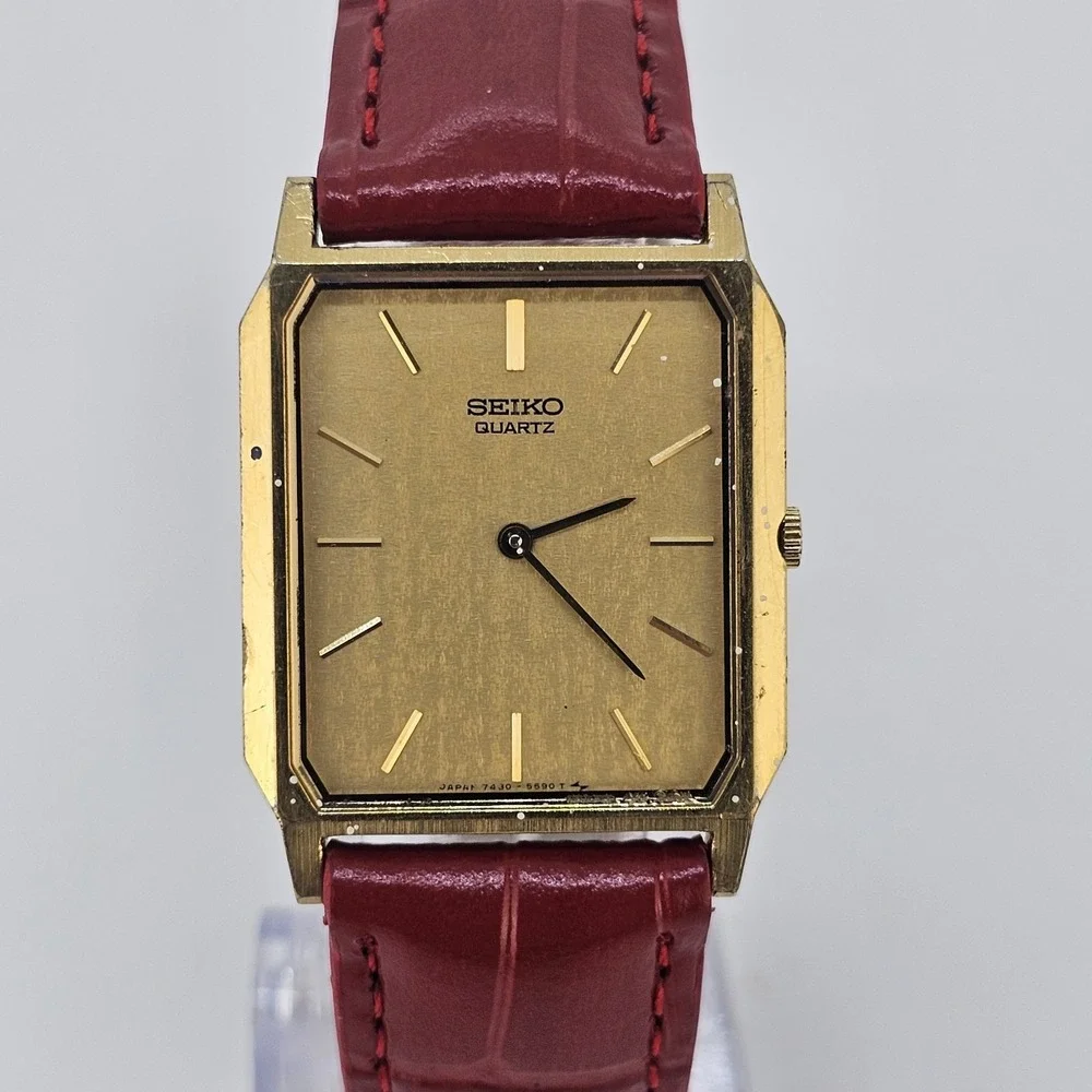 VTG Seiko Tank Women Watch 26MM Gold Dial NEW Red Leather Bands NEW Battery